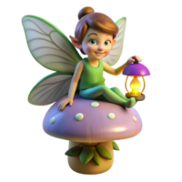 stunning abstract A mischievous pixie with iridescent wings, perched on a giant, glowing mushroom, holding a tiny lantern. Warm, whimsical lighting. Children's book illustration style authentic png