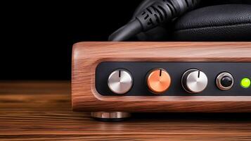 Close-up of a stylish audio amplifier showcasing knobs and headphone jack on a wooden surface photo