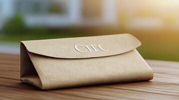 Elegant beige envelope placed on a wooden table, with soft sunlight illuminating the scene photo