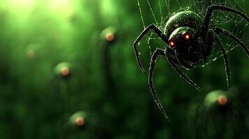 Dark, eerie spiders with glowing red eyes lurking in a shadowy green forest setting photo