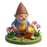 serene minimalist A whimsical gnome with a pointed hat and rosy cheeks, tending to a miniature garden filled with glowing flowers. Warm, inviting lighting. Storybook style genuine png