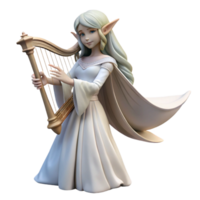 magnificent traditional A graceful elf with long, pointed ears and flowing white robes, playing a lyre in a forest glade. Soft, magical lighting. High fantasy style premium png