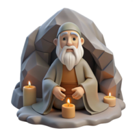 serene modern A wise old hermit with a long white beard and tattered robes, meditating in a mountain cave, illuminated by a single candle. Spiritual art style high quality png