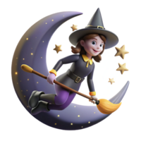 serene creative A young witch with a pointed hat and a broomstick flies across a starry night sky. Silhouetted against the moon. Halloween style professional png