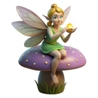 vibrant rustic A mischievous pixie with iridescent wings, perched on a giant mushroom, holding a glowing firefly. Soft, dappled sunlight. Digital painting style high quality png