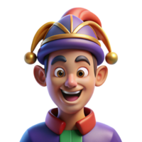 wonderful minimalist Portrait of a man with a mischievous glint in his eyes, wearing a jester's hat, lit by colorful, theatrical lighting, in a whimsical style detailed png