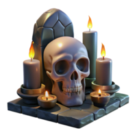 elegant minimalist A decaying skull adorned with intricate, glowing runes resting on a crumbling altar. Lit by flickering candlelight, rendered in a dark, occult style 4K png