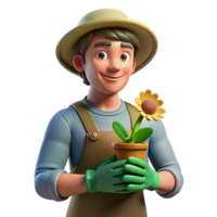 stunning modern Portrait of a gardener with dirt-stained hands, holding a freshly picked flower, lit by natural sunlight filtering through leaves, in a botanical illustration style professional png