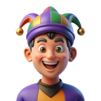 wonderful modern Portrait of a man with a mischievous glint in his eyes, wearing a jester's hat, lit by colorful, theatrical lighting, in a whimsical style original png