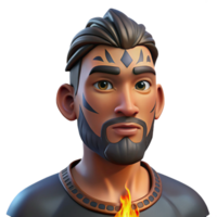 impressive artistic Portrait of a man with tribal face tattoos and a piercing gaze, lit by the flickering light of a campfire, in a realistic style original png