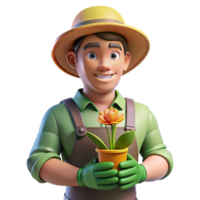 vibrant rustic Portrait of a gardener with dirt-stained hands, holding a freshly picked flower, lit by natural sunlight filtering through leaves, in a botanical illustration style authentic png