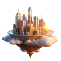 vibrant traditional A futuristic city floating among the clouds, illuminated by the warm, golden light of a setting sun. Utopian style genuine png