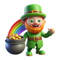 elegant vintage A mischievous leprechaun guarding a pot of gold at the end of a rainbow, illuminated by the rainbow's light, in a whimsical illustration style original png
