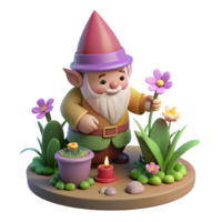 beautiful artistic A whimsical gnome with a pointed hat and rosy cheeks, tending to a miniature garden filled with glowing flowers. Warm, inviting lighting. Storybook style 4K png
