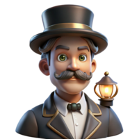 vibrant abstract Portrait of a man with a handlebar mustache and top hat, lit by a gaslight, in a steampunk style exclusive png