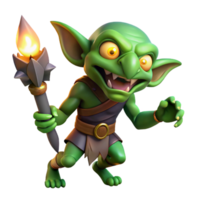 stunning traditional A cunning goblin with sharp teeth and glowing green eyes, sneaking through a dark alley, lit by a single torch. Gothic style high resolution png