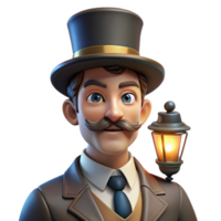 dramatic modern Portrait of a man with a handlebar mustache and top hat, lit by a gaslight, in a steampunk style high quality png