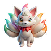 serene rustic A playful anime kitsune with multiple tails, each a different color, mischievous expression, soft, pastel lighting, in the style of a folklore anime genuine png