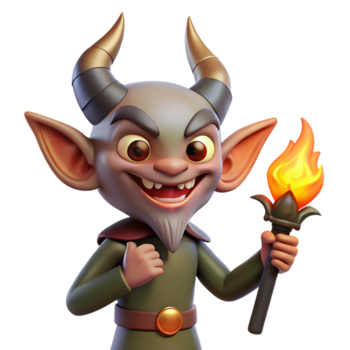 sbalorditivo classico un' malizioso imp con appuntito orecchie e un' malvagio largo sorriso, Tenere un' fiammeggiante torcia, illuminato di il tremolante leggero di il torcia. grottesco stile genuino png