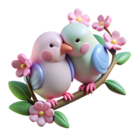 extraordinary contemporary A pair of lovebirds perched on a flowering branch, nuzzling each other affectionately, rendered in a soft, romantic style high quality png