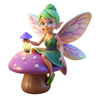 wonderful minimalist A mischievous pixie with iridescent wings, perched on a giant, bioluminescent mushroom, holding a tiny lantern. Soft, magical lighting. Dreamlike style premium png