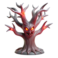 vibrant vintage A twisted, demonic tree with glowing eyes and sharp branches reaching towards the viewer. Lit by an ominous red glow, rendered in a horror art style professional png