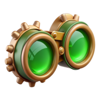 beautiful minimalist Steampunk goggles, intricate gears and lenses, tinted green, reflecting a desert landscape, bright sunlight, highly detailed, photorealistic professional png