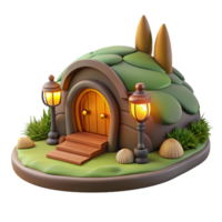 magnificent vintage A cozy hobbit hole nestled into a hillside, warm firelight from within, children's book illustration style high resolution png