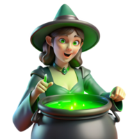 serene contemporary A powerful witch brewing a potion in a cauldron, her face illuminated by the green glow. Eerie, magical lighting. Gothic style authentic png