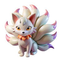 serene abstract A playful anime kitsune with multiple tails, each a different color, mischievous expression, soft, pastel lighting, in the style of a folklore anime professional png