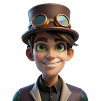 vibrant classic Portrait of a young man with a mischievous grin, wearing a steampunk goggles and top hat, lit by dramatic, contrasting light, in a steampunk style authentic png