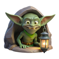 beautiful vintage A cunning goblin with pointed ears and a mischievous grin, hiding in a dark cave, illuminated by the dim light of a lantern. Dark fantasy style authentic png