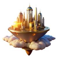 beautiful creative A futuristic city floating among the clouds, illuminated by the warm, golden light of a setting sun. Utopian style detailed png