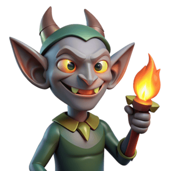 meraviglioso artistico un' malizioso imp con appuntito orecchie e un' malvagio largo sorriso, Tenere un' fiammeggiante torcia, illuminato di il tremolante leggero di il torcia. grottesco stile genuino png