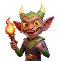 magnificent vintage A mischievous imp with pointed ears and a wicked grin, holding a flaming torch, illuminated by the flickering light of the torch. Grotesque style high resolution png
