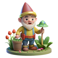 stunning modern A whimsical gnome with a pointed hat and a cheerful smile, tending to a magical garden. Warm, inviting lighting. Children's book illustration style high quality png