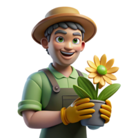 wonderful minimalist Portrait of a gardener with dirt-stained hands, holding a freshly picked flower, lit by natural sunlight filtering through leaves, in a botanical illustration style original png