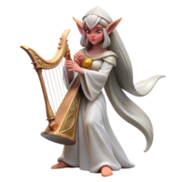 dramatic minimalist A graceful elf with long, pointed ears and flowing white robes, playing a lyre in a forest glade. Soft, magical lighting. High fantasy style 4K png
