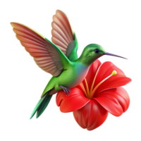 impressive artistic A vibrant hummingbird hovering over a bright red hibiscus flower, wings a blur of motion, captured in macro detail. Photorealistic style high quality png