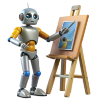 serene modern A robotic artist creating a painting using intricate brushstrokes, illuminated by soft, natural light. Photorealistic style authentic png