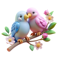 wonderful minimalist A pair of lovebirds perched on a flowering branch, nuzzling each other affectionately, rendered in a soft, romantic style 4K png