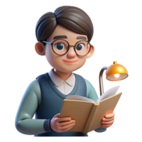 impressive artistic Portrait of a student with a focused expression, wearing glasses and reading a book, lit by a desk lamp, in a realistic style professional png