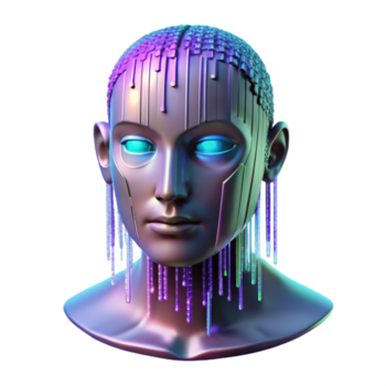 prachtig minimalistische een holografische projectie van een menselijk gezicht, gefragmenteerd en haperen, tegen een backdrop van binair code streaming naar beneden een donker scherm. cyberpunk stijl hoog resolutie png