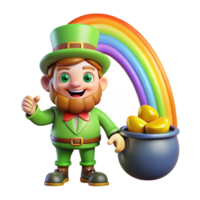 stunning creative A mischievous leprechaun guarding a pot of gold at the end of a rainbow, illuminated by the rainbow's light, in a whimsical illustration style genuine png