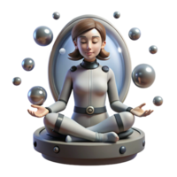 elegant classic A young woman with cybernetic implants meditating in a zero-gravity chamber, surrounded by floating orbs of light. Surrealist style premium png