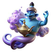 dramatic contemporary A powerful djinn emerging from a magic lamp, surrounded by swirling smoke, illuminated by an otherworldly glow, in an Arabian Nights style high resolution png