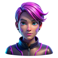 magnificent vintage Portrait of a non-binary person with short, purple hair and striking facial tattoos, lit by neon pink and blue lights, in a cyberpunk style professional png