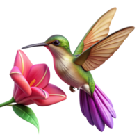 vibrant classic A tiny hummingbird hovering near a vibrant fuchsia flower, macro photography style, sharp focus on the bird's iridescent feathers professional png