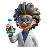 vibrant modern A cartoon scientist with wild hair and goggles, holding a bubbling beaker, dramatic laboratory lighting illuminating the scene, drawn in a quirky and exaggerated cartoon style premium png
