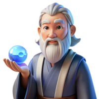 elegant modern An elderly, wise anime man with flowing white beard and gentle blue eyes, holding a glowing orb of energy, soft, ethereal lighting, in the style of a Ghibli film high quality png